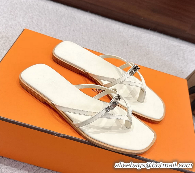 Best Hermes Miss Flat Thong Sandals with Kelly Buckle Off White Calfskin Leather 6052705
