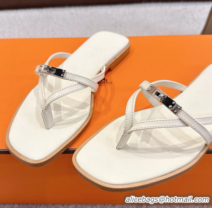 Best Hermes Miss Flat Thong Sandals with Kelly Buckle Off White Calfskin Leather 6052705