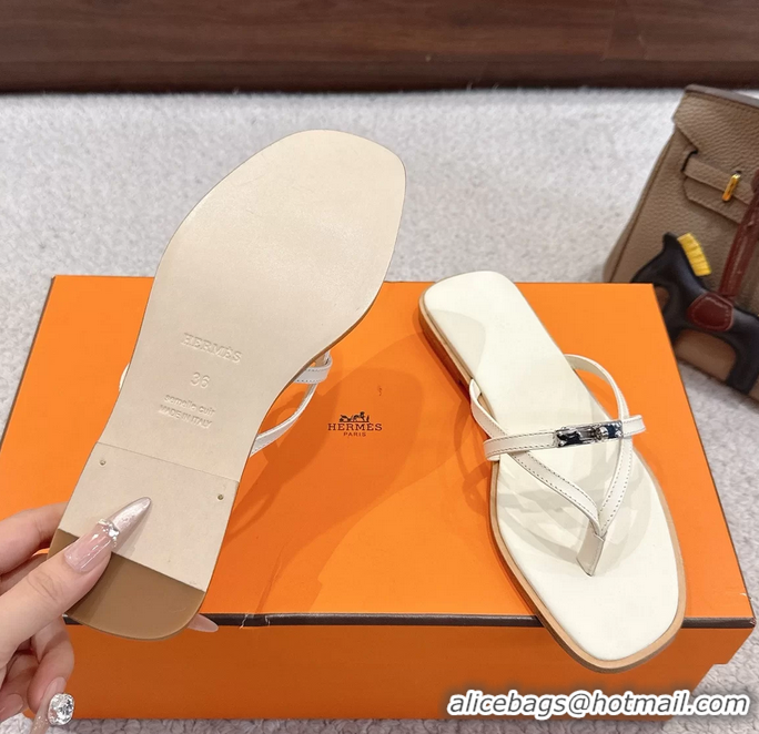 Best Hermes Miss Flat Thong Sandals with Kelly Buckle Off White Calfskin Leather 6052705