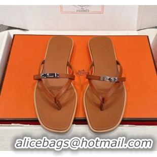 Good Looking Hermes Miss Flat Thong Sandals with Kelly Buckle Brown Calfskin Leather 6052705