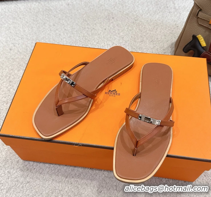 Good Looking Hermes Miss Flat Thong Sandals with Kelly Buckle Brown Calfskin Leather 6052705