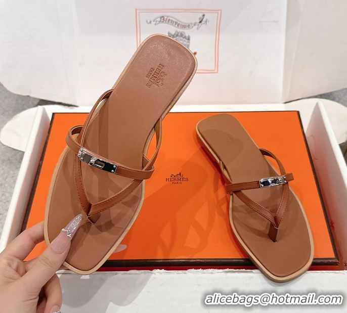 Good Looking Hermes Miss Flat Thong Sandals with Kelly Buckle Brown Calfskin Leather 6052705