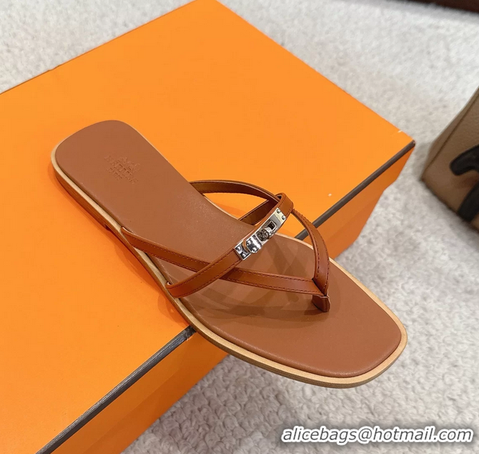 Good Looking Hermes Miss Flat Thong Sandals with Kelly Buckle Brown Calfskin Leather 6052705