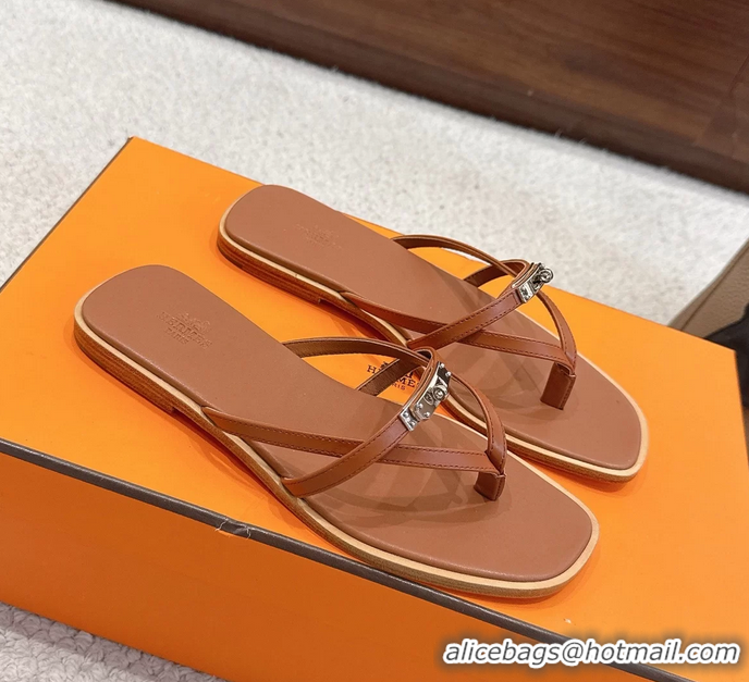 Good Looking Hermes Miss Flat Thong Sandals with Kelly Buckle Brown Calfskin Leather 6052705