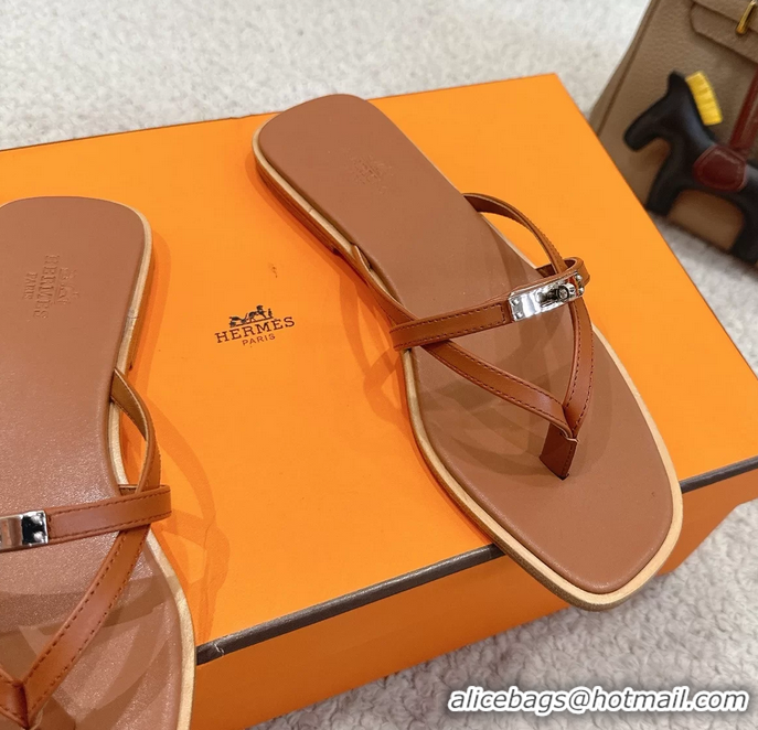 Good Looking Hermes Miss Flat Thong Sandals with Kelly Buckle Brown Calfskin Leather 6052705
