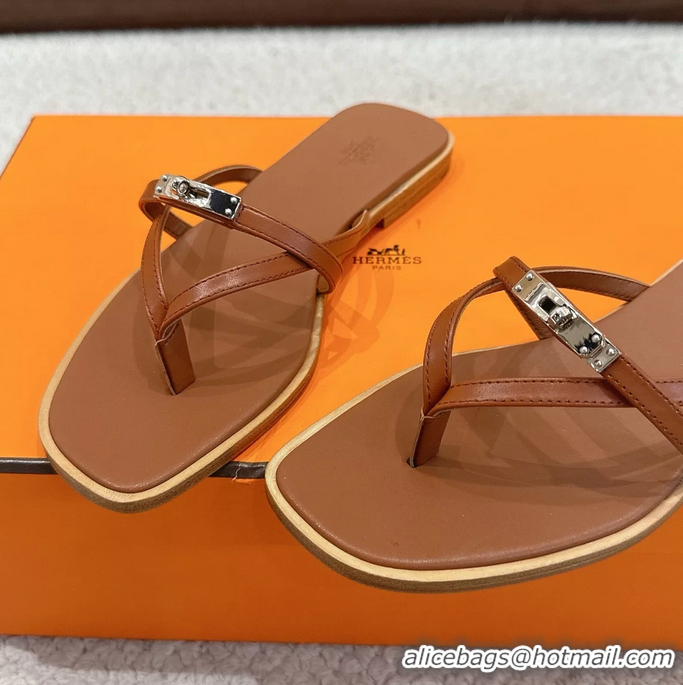 Good Looking Hermes Miss Flat Thong Sandals with Kelly Buckle Brown Calfskin Leather 6052705