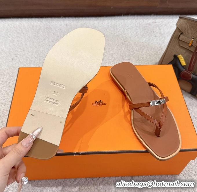 Good Looking Hermes Miss Flat Thong Sandals with Kelly Buckle Brown Calfskin Leather 6052705