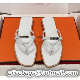 Luxurious Hermes Miss Flat Thong Sandals with Kelly Buckle White Calfskin Leather 6052705