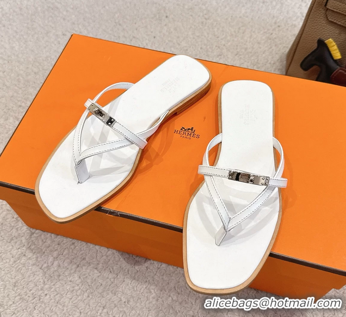 Luxurious Hermes Miss Flat Thong Sandals with Kelly Buckle White Calfskin Leather 6052705