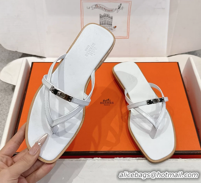 Luxurious Hermes Miss Flat Thong Sandals with Kelly Buckle White Calfskin Leather 6052705