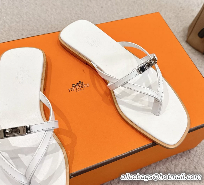 Luxurious Hermes Miss Flat Thong Sandals with Kelly Buckle White Calfskin Leather 6052705