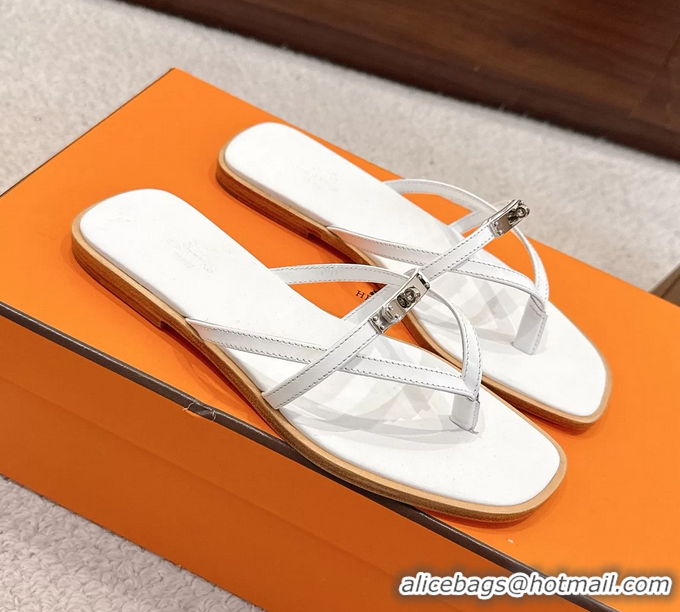 Luxurious Hermes Miss Flat Thong Sandals with Kelly Buckle White Calfskin Leather 6052705