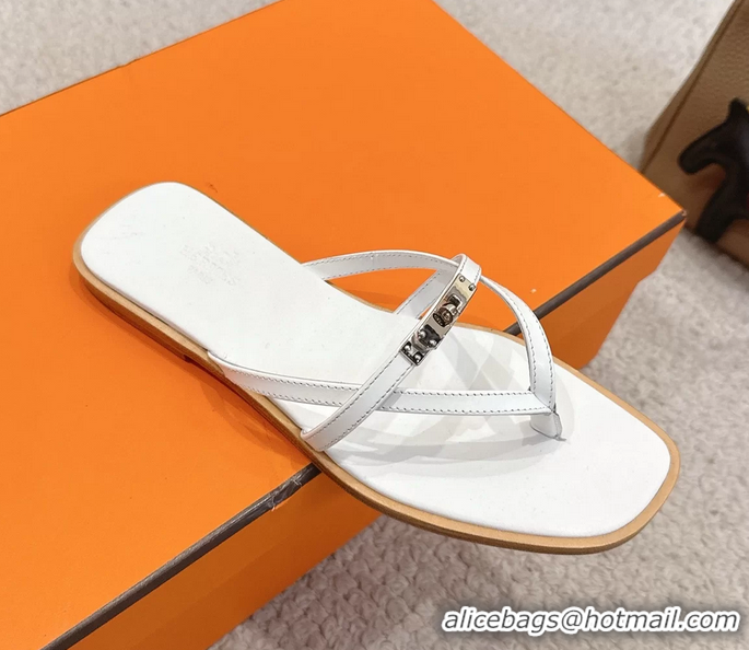 Luxurious Hermes Miss Flat Thong Sandals with Kelly Buckle White Calfskin Leather 6052705