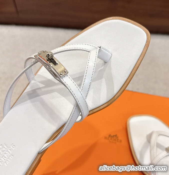 Luxurious Hermes Miss Flat Thong Sandals with Kelly Buckle White Calfskin Leather 6052705
