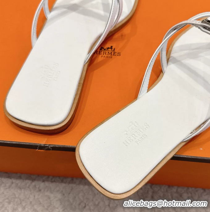 Luxurious Hermes Miss Flat Thong Sandals with Kelly Buckle White Calfskin Leather 6052705