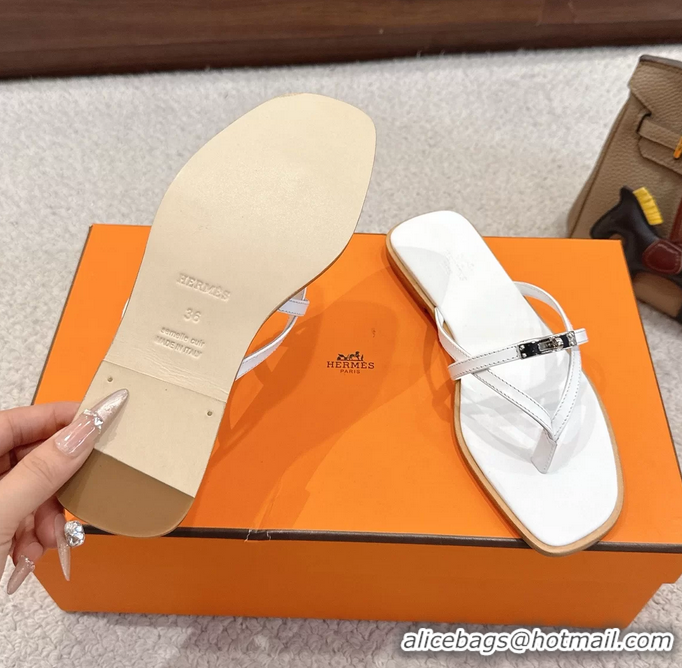 Luxurious Hermes Miss Flat Thong Sandals with Kelly Buckle White Calfskin Leather 6052705
