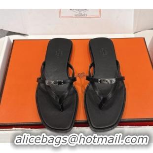 Big Discount Hermes Miss Flat Thong Sandals with Kelly Buckle Black Calfskin Leather 6052705