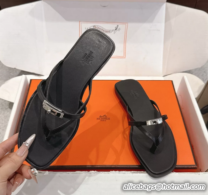 Big Discount Hermes Miss Flat Thong Sandals with Kelly Buckle Black Calfskin Leather 6052705