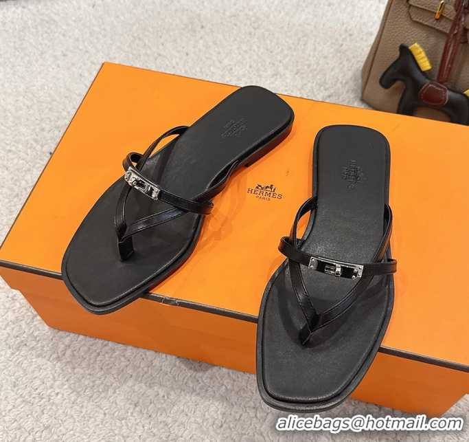 Big Discount Hermes Miss Flat Thong Sandals with Kelly Buckle Black Calfskin Leather 6052705