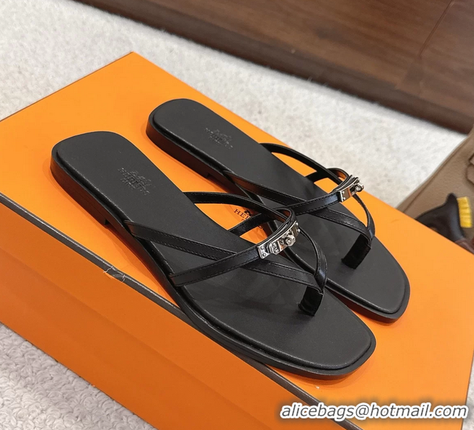 Big Discount Hermes Miss Flat Thong Sandals with Kelly Buckle Black Calfskin Leather 6052705