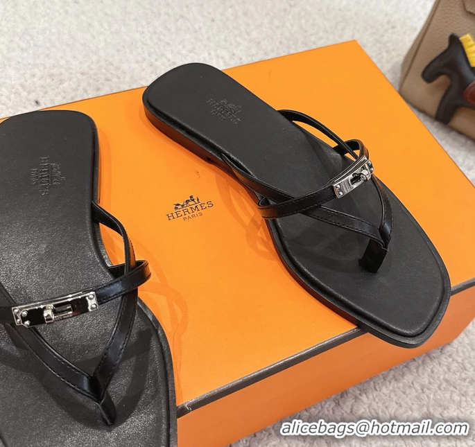 Big Discount Hermes Miss Flat Thong Sandals with Kelly Buckle Black Calfskin Leather 6052705