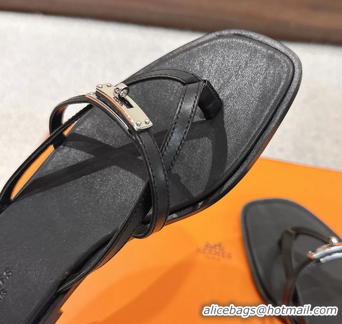 Big Discount Hermes Miss Flat Thong Sandals with Kelly Buckle Black Calfskin Leather 6052705