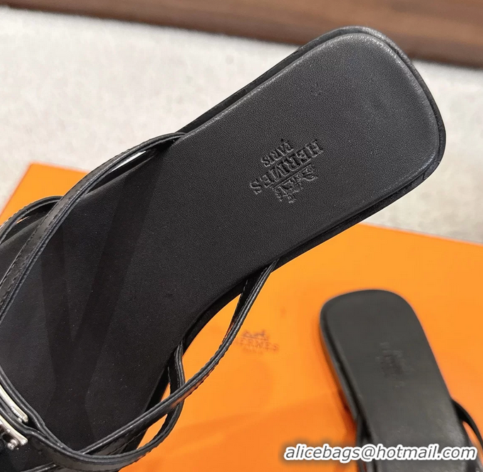 Big Discount Hermes Miss Flat Thong Sandals with Kelly Buckle Black Calfskin Leather 6052705