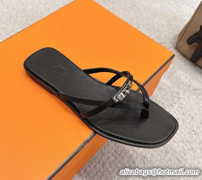 Big Discount Hermes Miss Flat Thong Sandals with Kelly Buckle Black Calfskin Leather 6052705