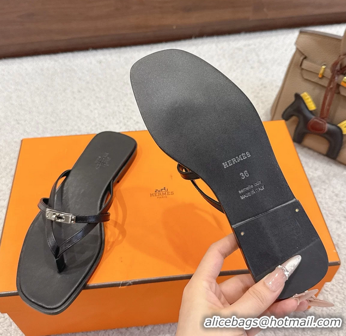 Big Discount Hermes Miss Flat Thong Sandals with Kelly Buckle Black Calfskin Leather 6052705