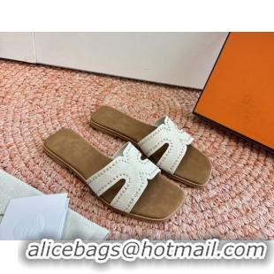 Top Grade Hermes Oran Studded Flat Slides Sandals White Suede Leather 6052706