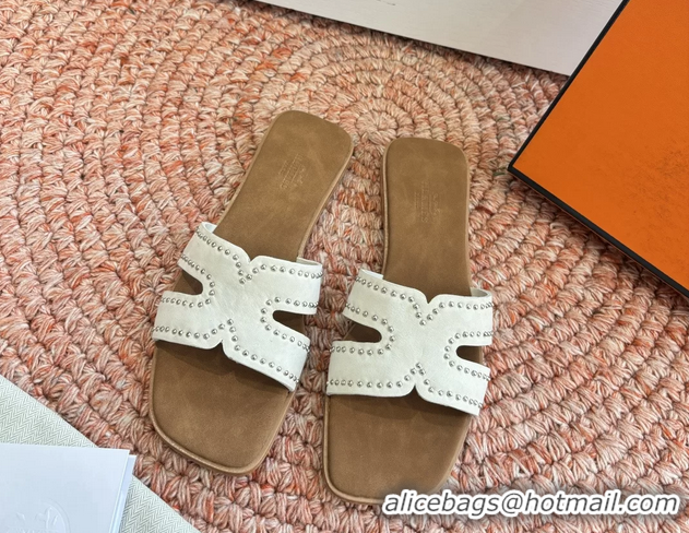 Top Grade Hermes Oran Studded Flat Slides Sandals White Suede Leather 6052706