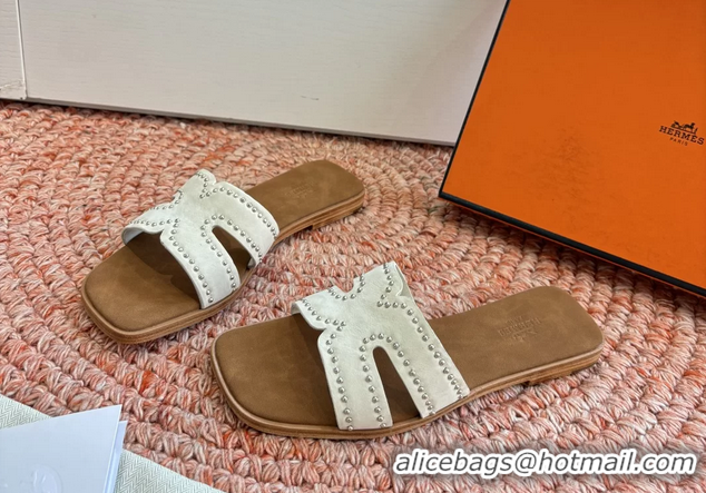 Top Grade Hermes Oran Studded Flat Slides Sandals White Suede Leather 6052706