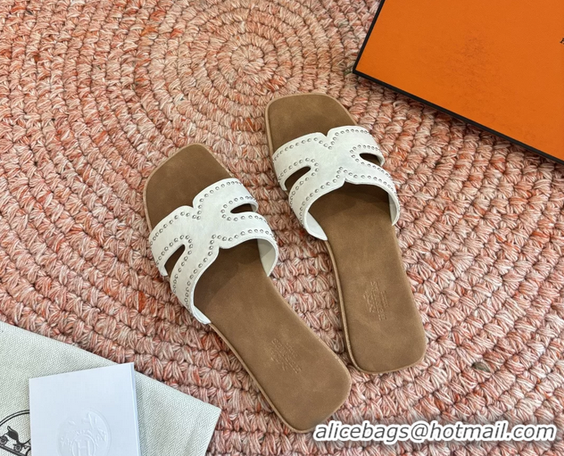 Top Grade Hermes Oran Studded Flat Slides Sandals White Suede Leather 6052706