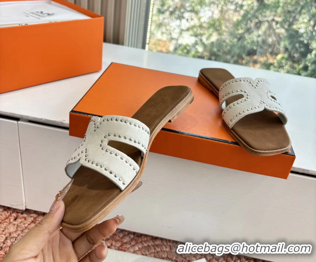 Top Grade Hermes Oran Studded Flat Slides Sandals White Suede Leather 6052706