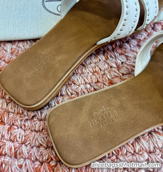 Top Grade Hermes Oran Studded Flat Slides Sandals White Suede Leather 6052706