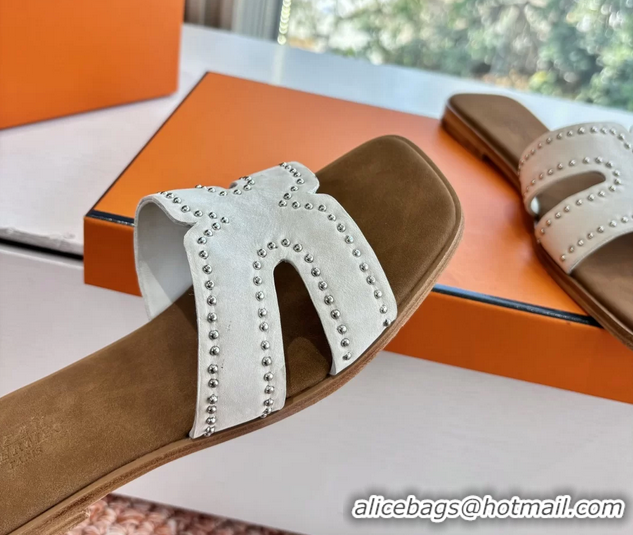 Top Grade Hermes Oran Studded Flat Slides Sandals White Suede Leather 6052706