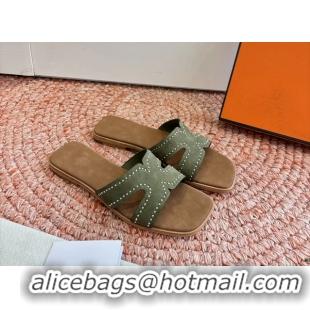 Durable Hermes Oran Studded Flat Slides Sandals Green Suede Leather 6052706 
