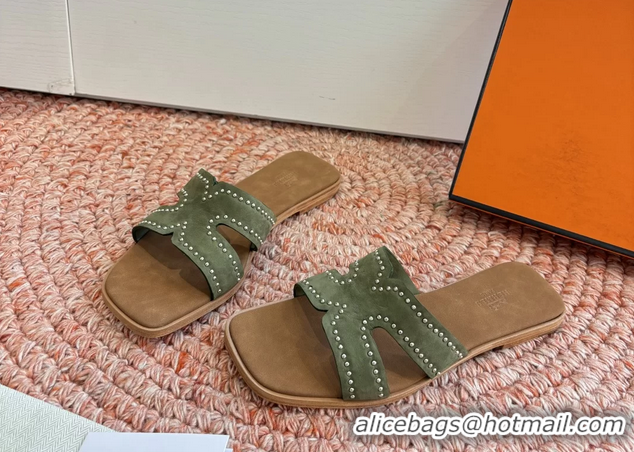 Durable Hermes Oran Studded Flat Slides Sandals Green Suede Leather 6052706 