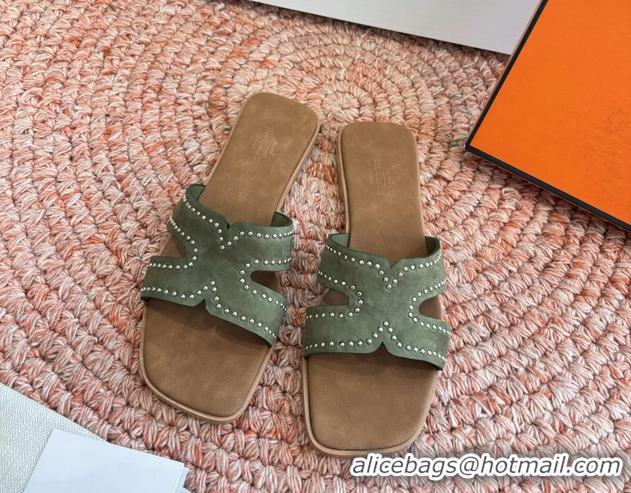 Durable Hermes Oran Studded Flat Slides Sandals Green Suede Leather 6052706 