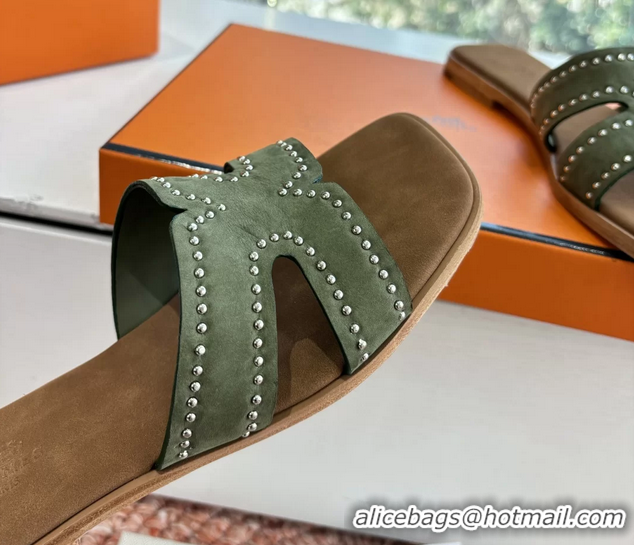 Durable Hermes Oran Studded Flat Slides Sandals Green Suede Leather 6052706 
