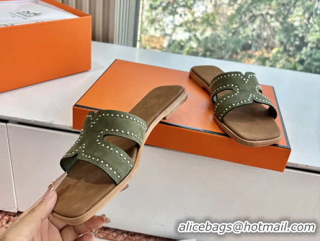 Durable Hermes Oran Studded Flat Slides Sandals Green Suede Leather 6052706 