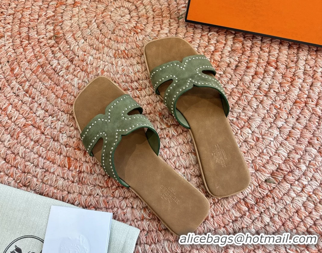Durable Hermes Oran Studded Flat Slides Sandals Green Suede Leather 6052706 