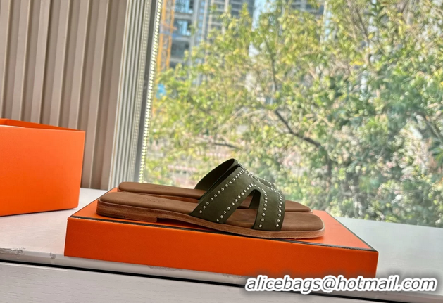 Durable Hermes Oran Studded Flat Slides Sandals Green Suede Leather 6052706 