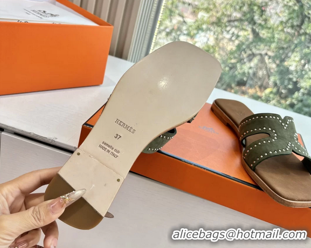 Durable Hermes Oran Studded Flat Slides Sandals Green Suede Leather 6052706 