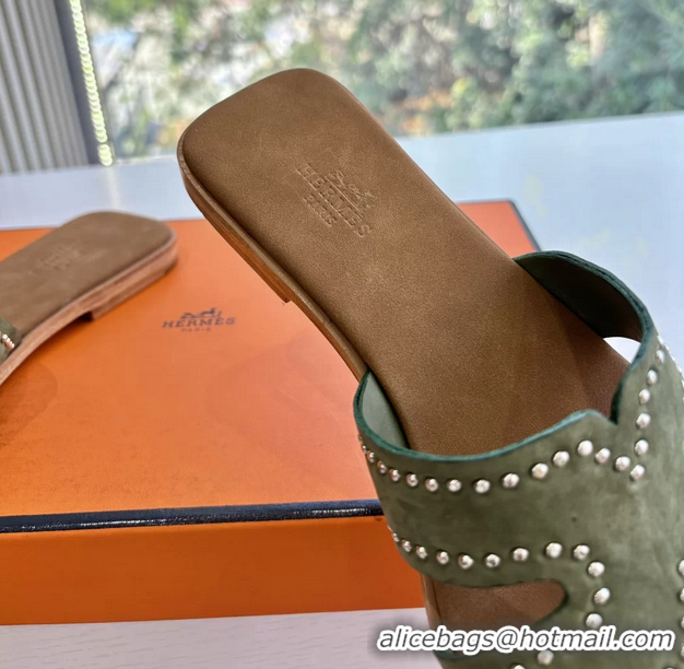 Durable Hermes Oran Studded Flat Slides Sandals Green Suede Leather 6052706 