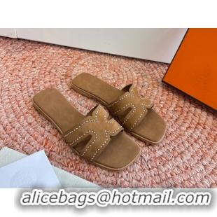 Feminine Hermes Oran Studded Flat Slides Sandals Brown Suede Leather 6052706