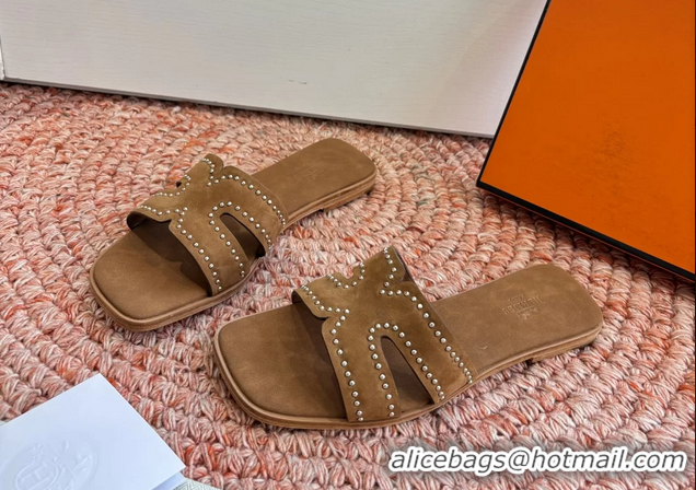 Feminine Hermes Oran Studded Flat Slides Sandals Brown Suede Leather 6052706
