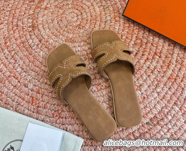 Feminine Hermes Oran Studded Flat Slides Sandals Brown Suede Leather 6052706