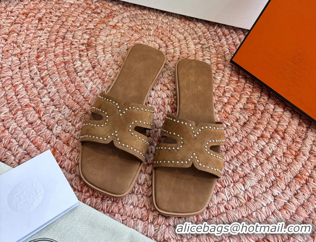 Feminine Hermes Oran Studded Flat Slides Sandals Brown Suede Leather 6052706