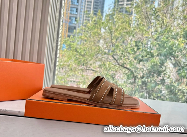 Feminine Hermes Oran Studded Flat Slides Sandals Brown Suede Leather 6052706